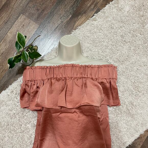 Express Size XS Orange Ruffle Satin Off Shoulder Top - Picture 2 of 5